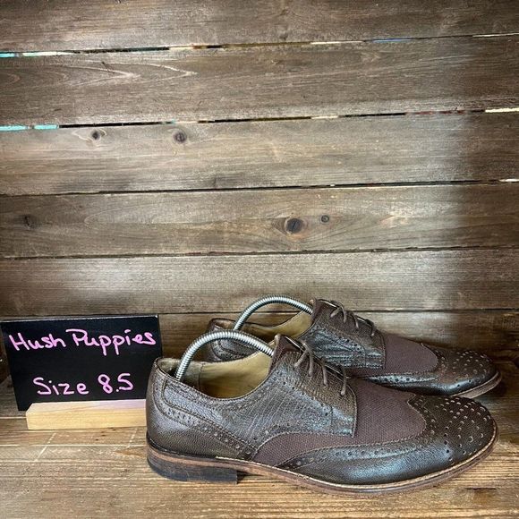 Mens Hush Puppies Bozeman Dark Brown Leather Wingtip Brogue Dress Shoes Size 8.5 - Picture 1 of 6
